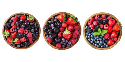 Fresh Mix Berries inside wooden bowl isolated on background, delicious fruit with high vitamin and minerals, including strawberries, raspberries and blueberries.