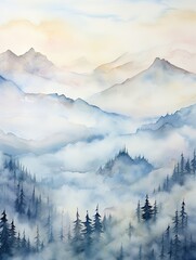 Muted Watercolor Mountain Ranges: Morning Mist Art in Foggy Watercolors.