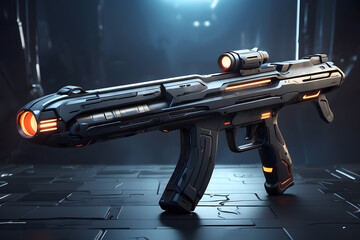 Generic futuristic video game-style weapon for shooter online games concepts, mixed digital 3d illustration design and matte painting design.