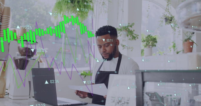 Image of data processing over african american businessman in office
