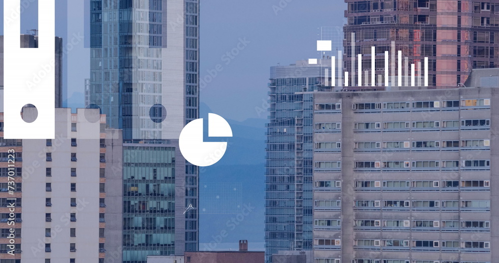 Poster image of data processing, cityscape and statistics