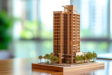 A detailed architectural model of a contemporary high-rise apartment building, displayed on a wooden table with a blurred background.