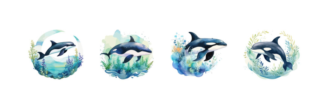 Killer whale wildlife watercolor set. Vector illustration design.
