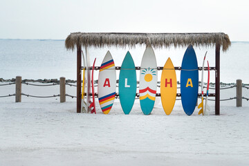 Surfing board landmark of Aloha Beach at Pantai Indah Kapuk 2, Jakarta, Indonesia - obrazy, fototapety, plakaty