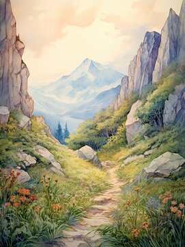 Muted Watercolor Mountain Ranges Pathway: Trail Through Majestic Peaks