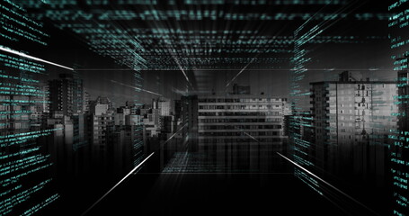 Image of data processing, cityscape and connections