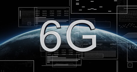 Image of 6g text, globe and computer data processing