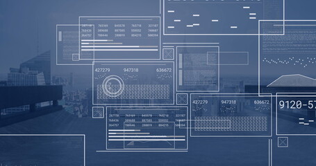 Image of data processing, cityscape and screens