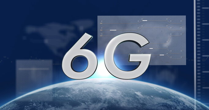 Image of 6g text, globe and computer data processing
