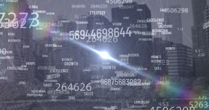 Image of data processing and numbers over cityscape