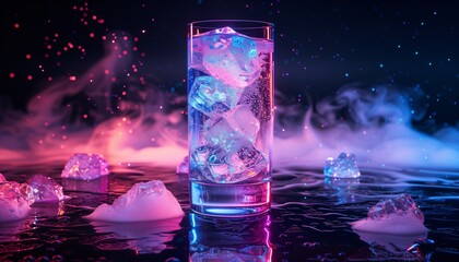 neon ice cubes in glass with magical mist