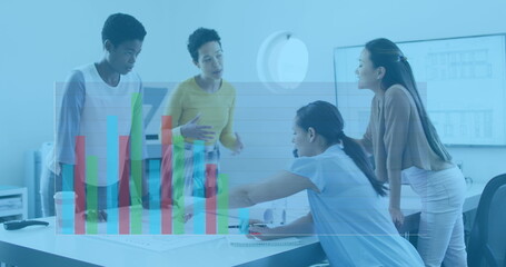 Image of data processing over diverse business people talking in office