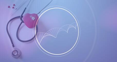Image of circle and dna strand over stethoscope with heart