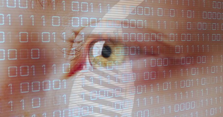 Image of binary coding and dna strand over eye