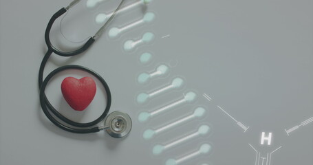 Image of chemical structures and dna strand over stethoscope with heart