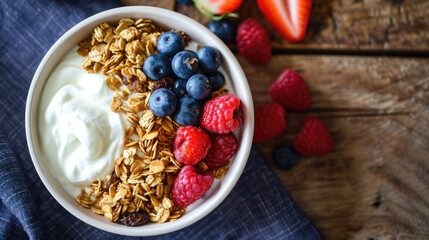 Bowl of yogurt and fresh berries placed on table. Ideal for healthy eating and breakfast concepts