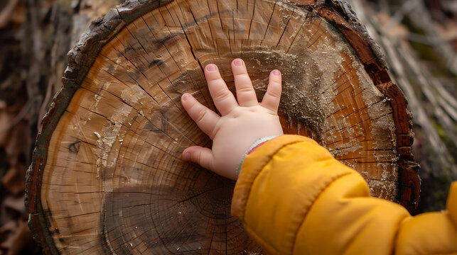 The child's hand touches the trunk of a large sawn tree, the concept of environmental protection. Generative AI illustration 