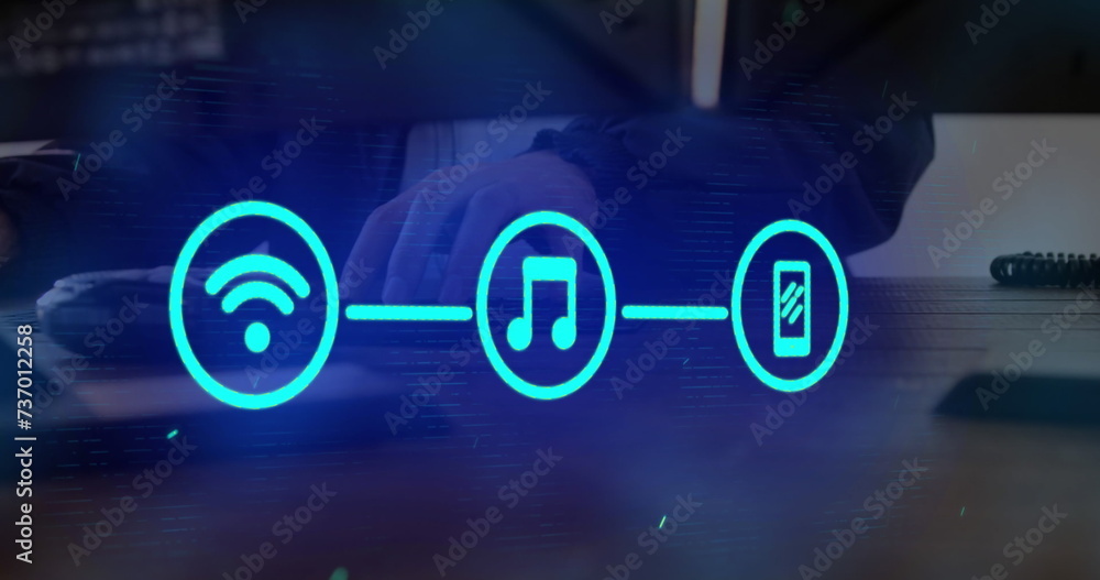 Poster image of digital interface with icons and data processing over man using computer