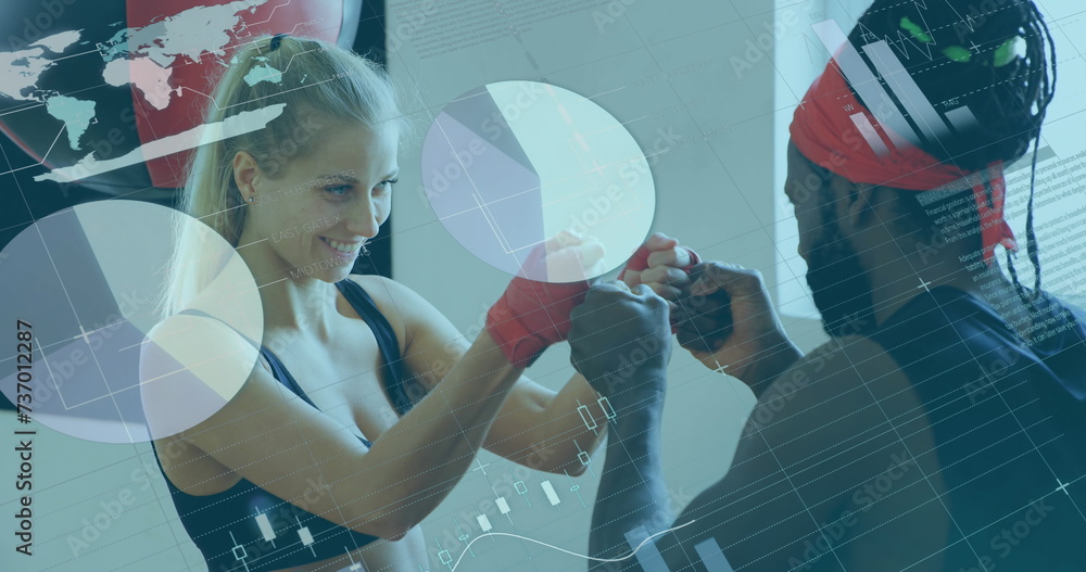 Aufkleber image of digital interface with statistics scanning and data processing over female boxer with her m