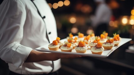 Closeup waiter serving finger food dessert on the tray during a cocktail parties or events catering - obrazy, fototapety, plakaty