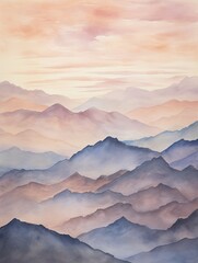 Muted Watercolor Mountain Ranges Twilight Landscape: Serene Pastel Dusk