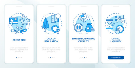 Disadvantages P2P loans blue onboarding mobile app screen. Lending risks walkthrough 4 editable graphic instructions with linear concepts. UI, UX, GUI template. Myriad Pro-Bold, Regular fonts used