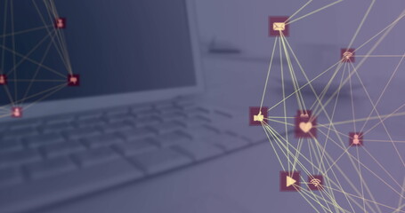 Image of digital interface with icons and globe of network of connections over laptop