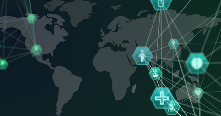 Image of digital interface with medical icons and network of connections over world map