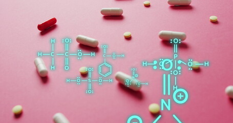Image of chemical structures over pills