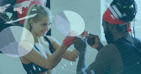 Image of digital interface with statistics scanning and data processing over female boxer with her m