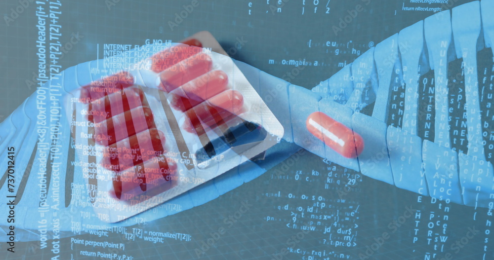 Poster image of dna strand and data processing over pills