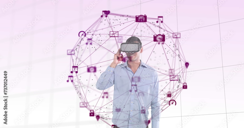 Poster image of digital interface with icons and globe of network of connections with man wearing vr headse