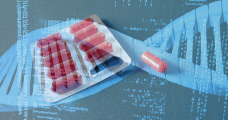 Image of dna strand and data processing over pills