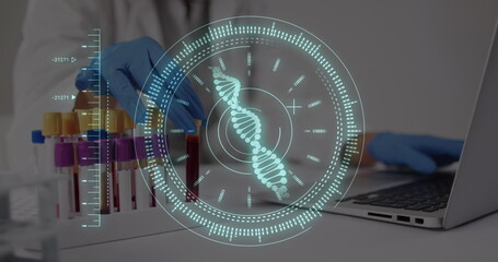 Image of data processing and dna strand over biracial female doctor with test tubes
