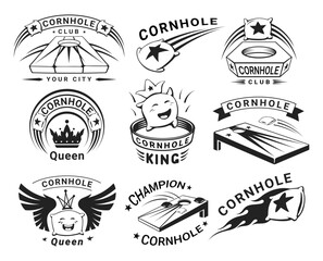 Cornhole sport club championship black retro groovy emblem design template set isometric vector