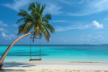 A tree swing chair on a palm tree with the turquoise beach on the back ground
