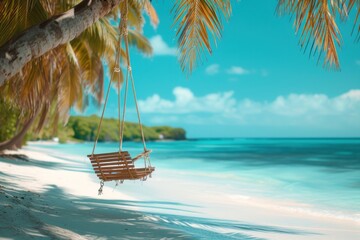 Fototapeta premium A tree swing chair on a palm tree with the turquoise beach on the back ground