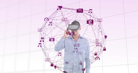 Image of digital interface with icons and globe of network of connections with man wearing VR headse