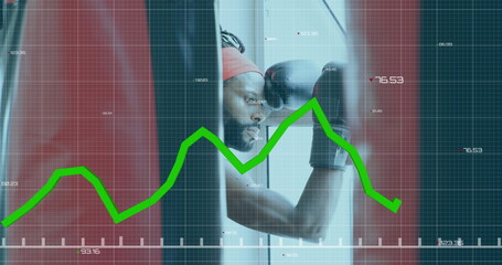 Image of digital interface with green lines, statistics recording and data processing over male boxe