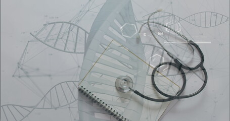 Image of chemical structures and dna strands over notebook and stethoscope