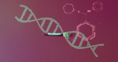 Image of chemical structures and dna strand over hand with test tube