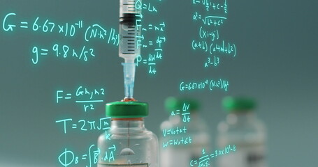 Image of mathematical equations over vaccine and vials