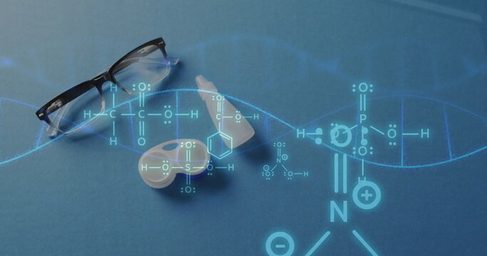 Image of chemical structures and dna strand over glasses and contacts