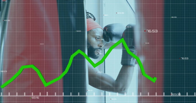 Image of digital interface with green lines, statistics recording and data processing over male boxe - Powered by Adobe