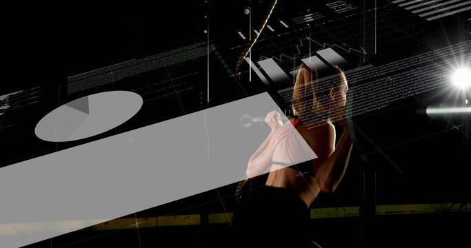 Image of digital interface with scopes scanning and data processing over woman exercising, lifting w