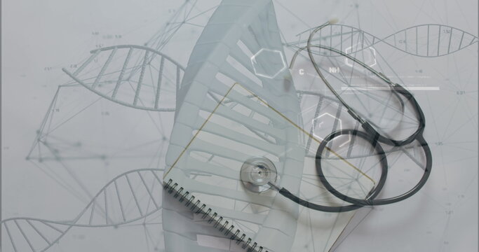 Image of chemical structures and dna strands over notebook and stethoscope - Powered by Adobe
