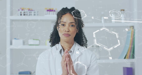 Image of chemical structures and data processing over biracial female doctor having image call