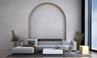 The modern interior design concept of lounge and living room and arch pattern and concrete wall...