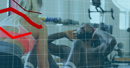 Image of digital interface with red lines, statistics and data processing over man doing sit ups wit