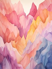 Vibrant Muted Watercolor Mountain Ranges: Bright Pastel Peaks in a Lush Landscape